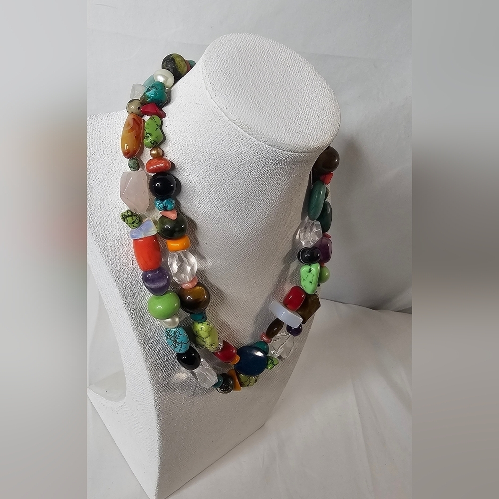​Chunky Multi-Gemstone Necklace & Bracelet Set Two Strand Turquoise Jasper Agate - Picture 5 of 9
